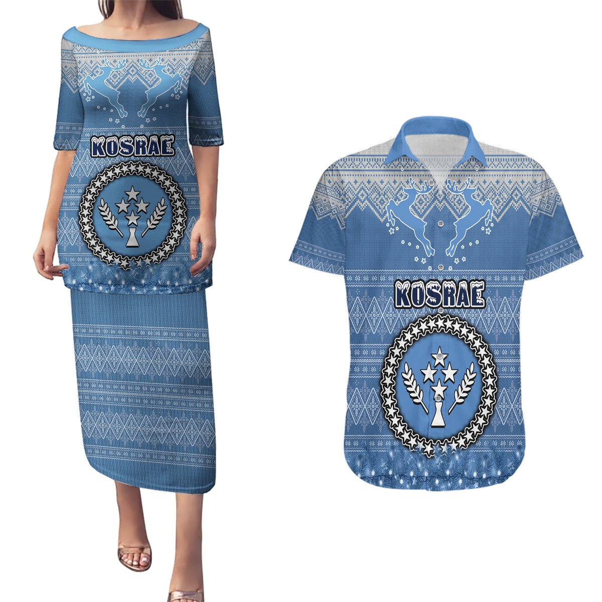 Personalised Kosrae Christmas Couples Matching Puletasi Dress and Hawaiian Shirt Coat of Arms Beautiful Merry Xmas Snowflake LT03 Blue - Polynesian Pride