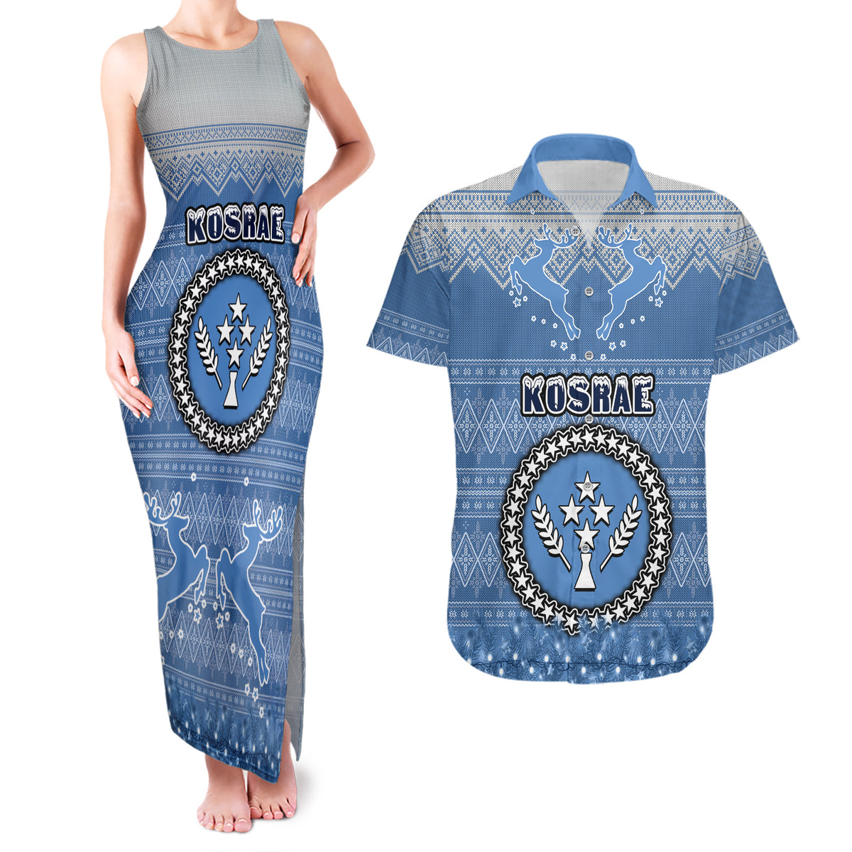 Personalised Kosrae Christmas Couples Matching Tank Maxi Dress and Hawaiian Shirt Coat of Arms Beautiful Merry Xmas Snowflake LT03 Blue - Polynesian Pride