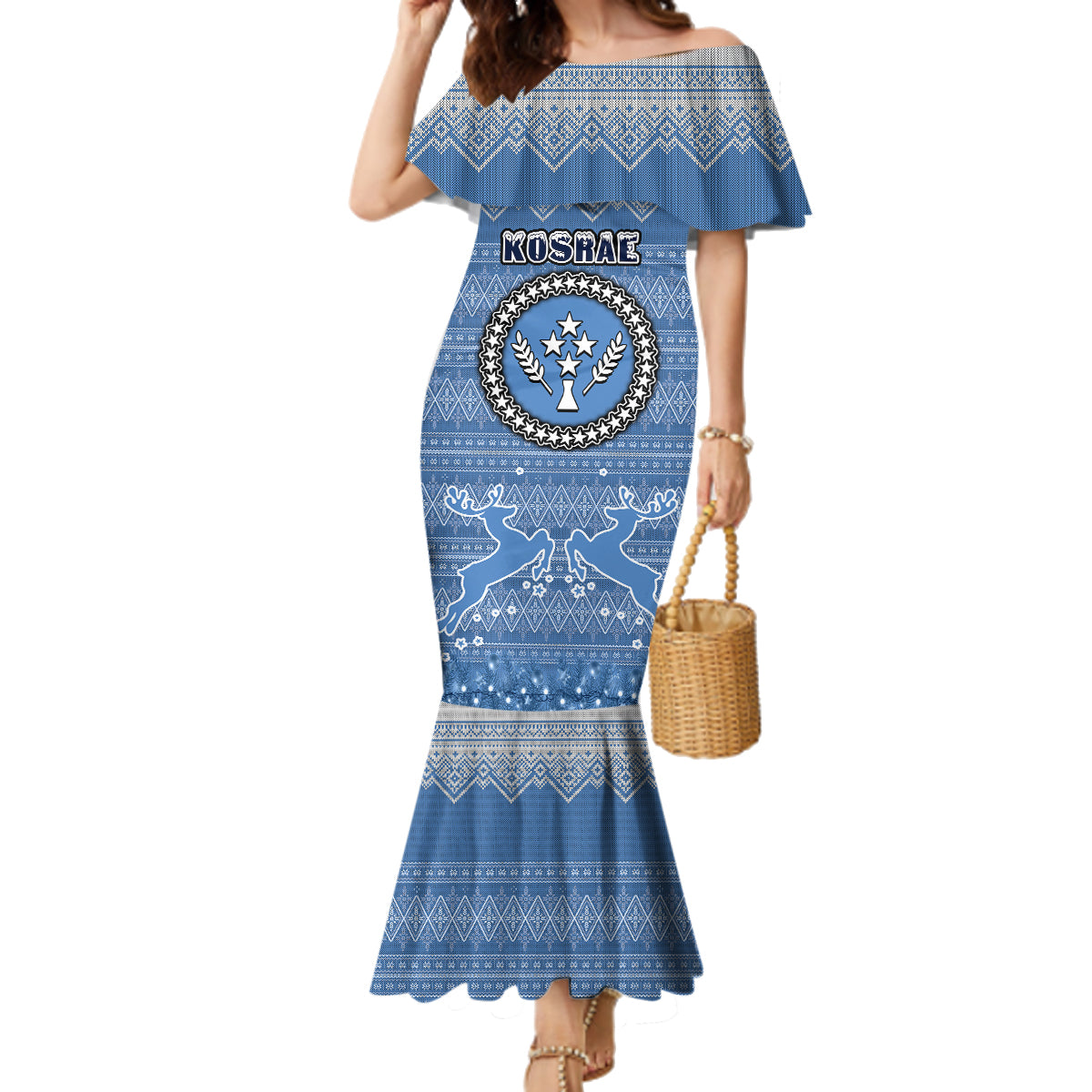Personalised Kosrae Christmas Family Matching Mermaid Dress and Hawaiian Shirt Coat of Arms Beautiful Merry Xmas Snowflake LT03 Mom's Dress Blue - Polynesian Pride