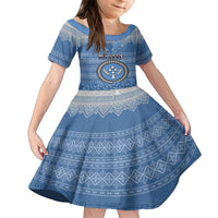 Personalised Kosrae Christmas Family Matching Off Shoulder Short Dress and Hawaiian Shirt Coat of Arms Beautiful Merry Xmas Snowflake LT03 Daughter's Dress Blue - Polynesian Pride