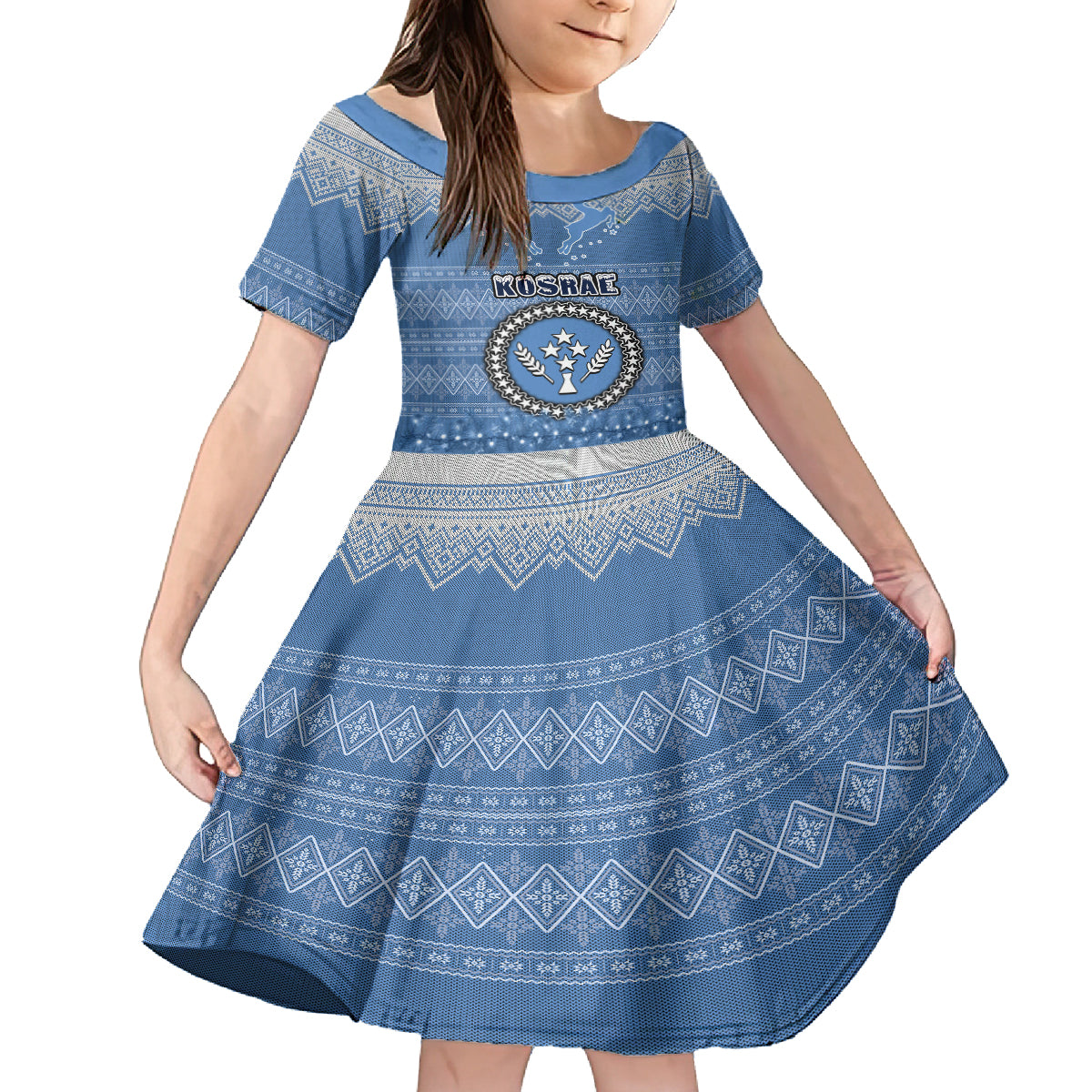Personalised Kosrae Christmas Family Matching Tank Maxi Dress and Hawaiian Shirt Coat of Arms Beautiful Merry Xmas Snowflake LT03 Daughter's Dress Blue - Polynesian Pride