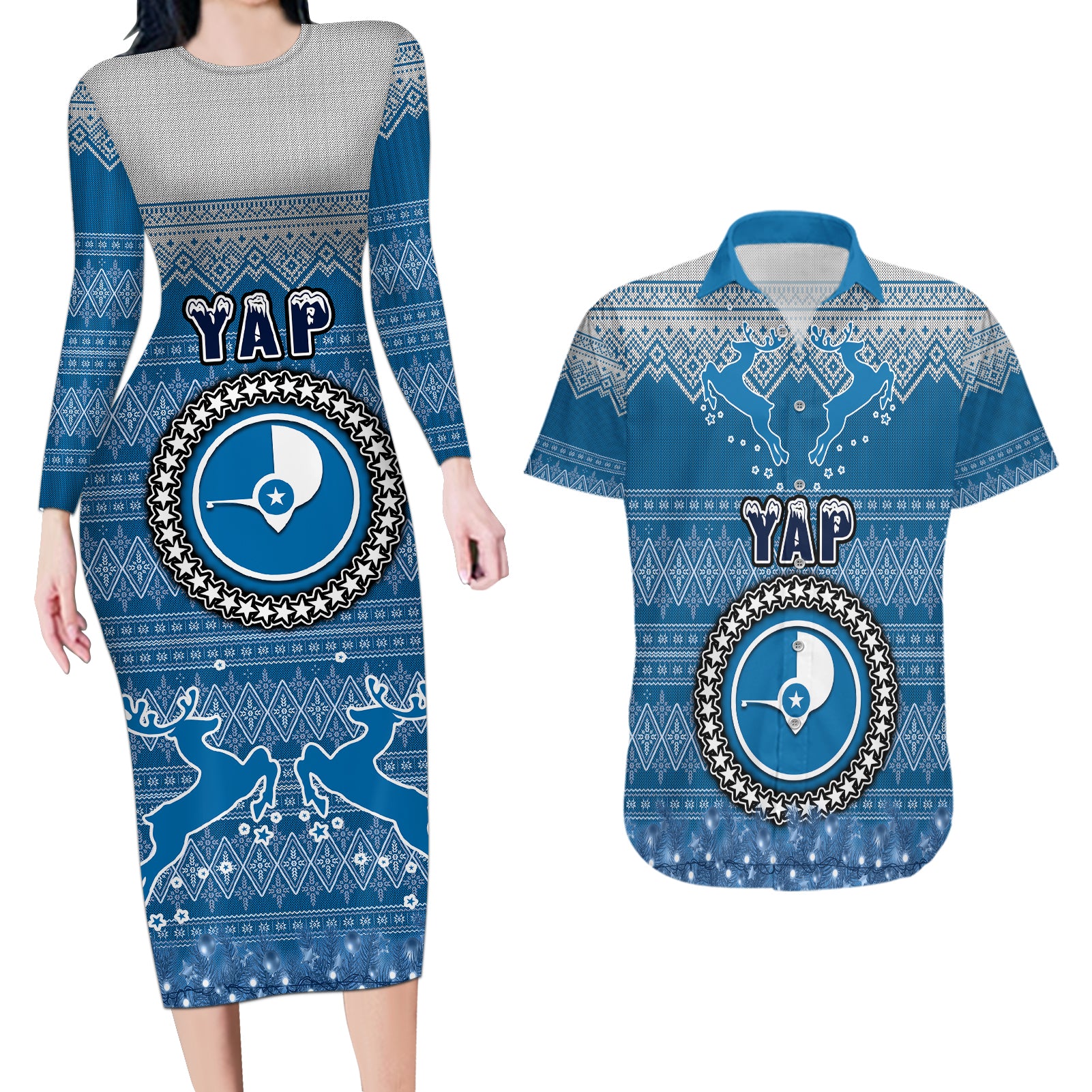 yap-christmas-couples-matching-long-sleeve-bodycon-dress-and-hawaiian-shirt-coat-of-arms-beautiful-merry-xmas-snowflake