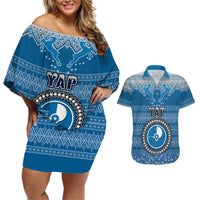 yap-christmas-couples-matching-off-shoulder-short-dress-and-hawaiian-shirt-coat-of-arms-beautiful-merry-xmas-snowflake