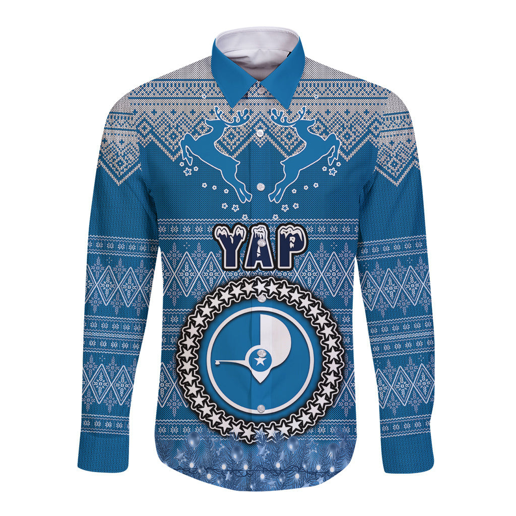 yap-christmas-long-sleeve-button-shirt-coat-of-arms-beautiful-merry-xmas-snowflake