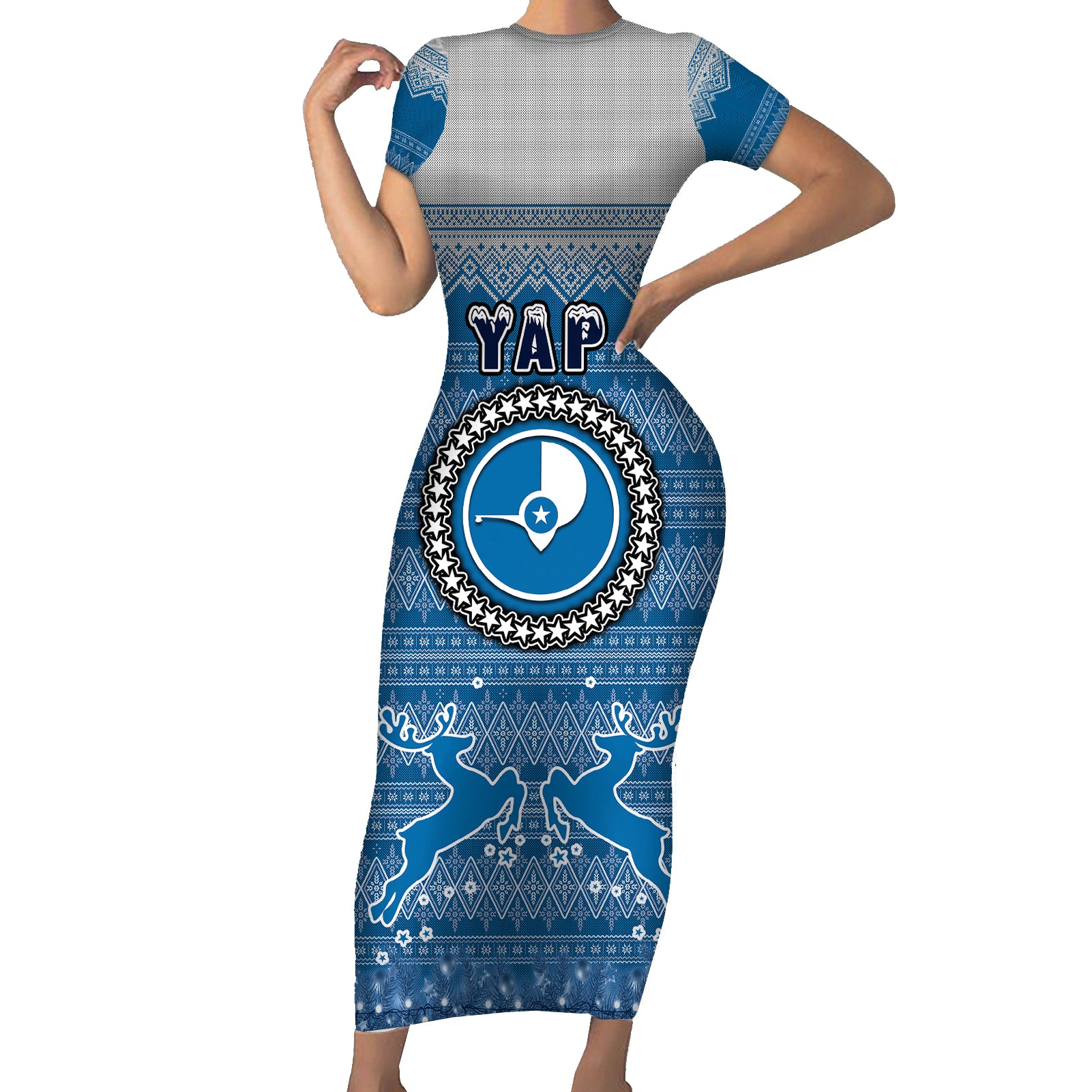 yap-christmas-short-sleeve-bodycon-dress-coat-of-arms-beautiful-merry-xmas-snowflake