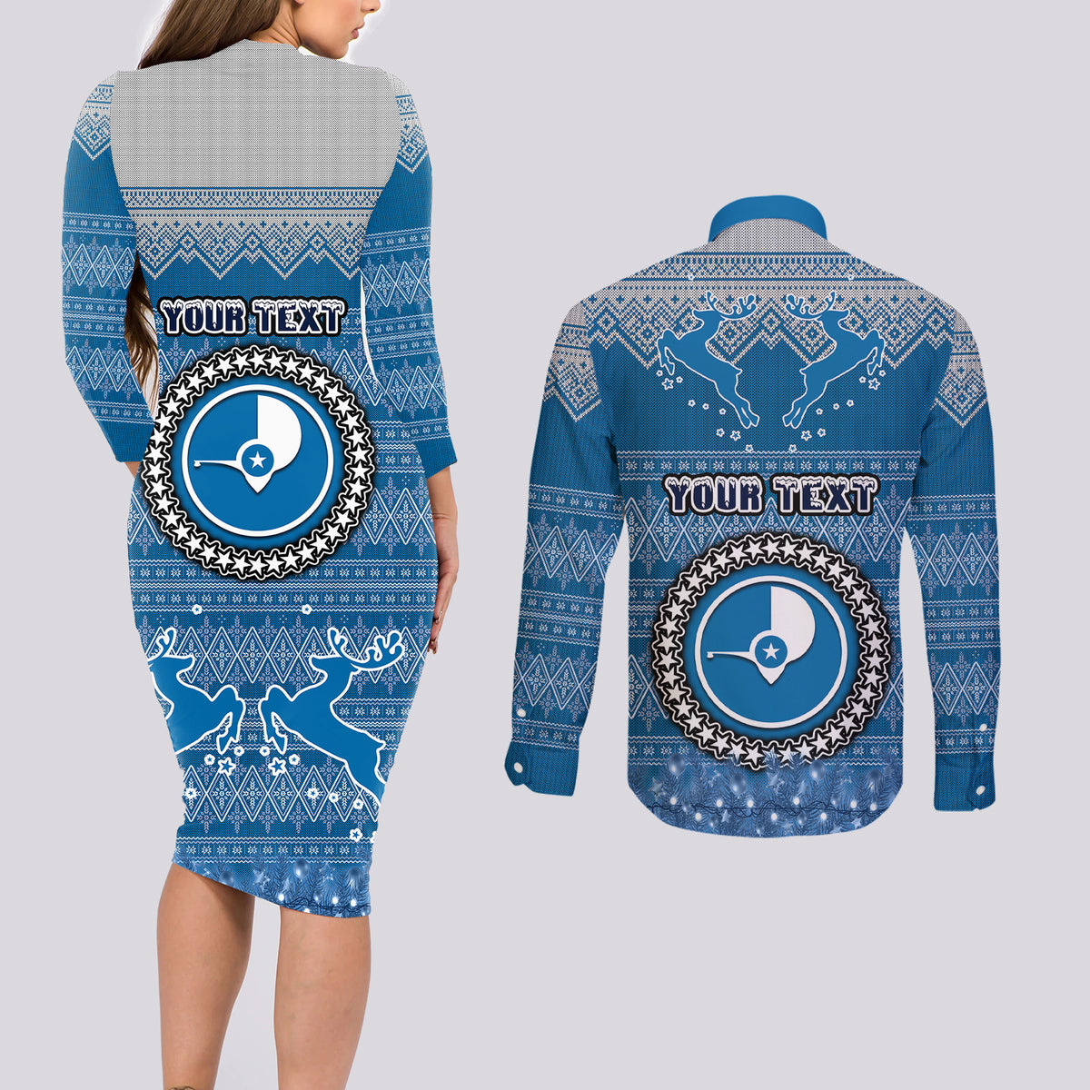 personalised-yap-christmas-couples-matching-long-sleeve-bodycon-dress-and-long-sleeve-button-shirts-coat-of-arms-beautiful-merry-xmas-snowflake