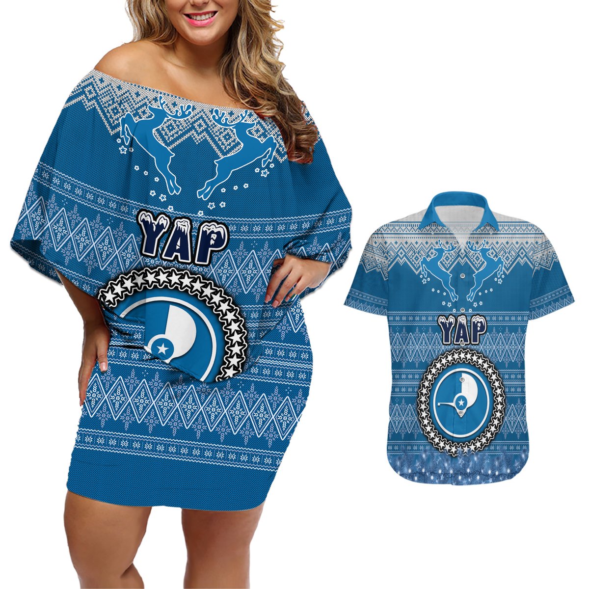 Personalised Yap Christmas Couples Matching Off Shoulder Short Dress and Hawaiian Shirt Coat of Arms Beautiful Merry Xmas Snowflake LT03 Blue - Polynesian Pride