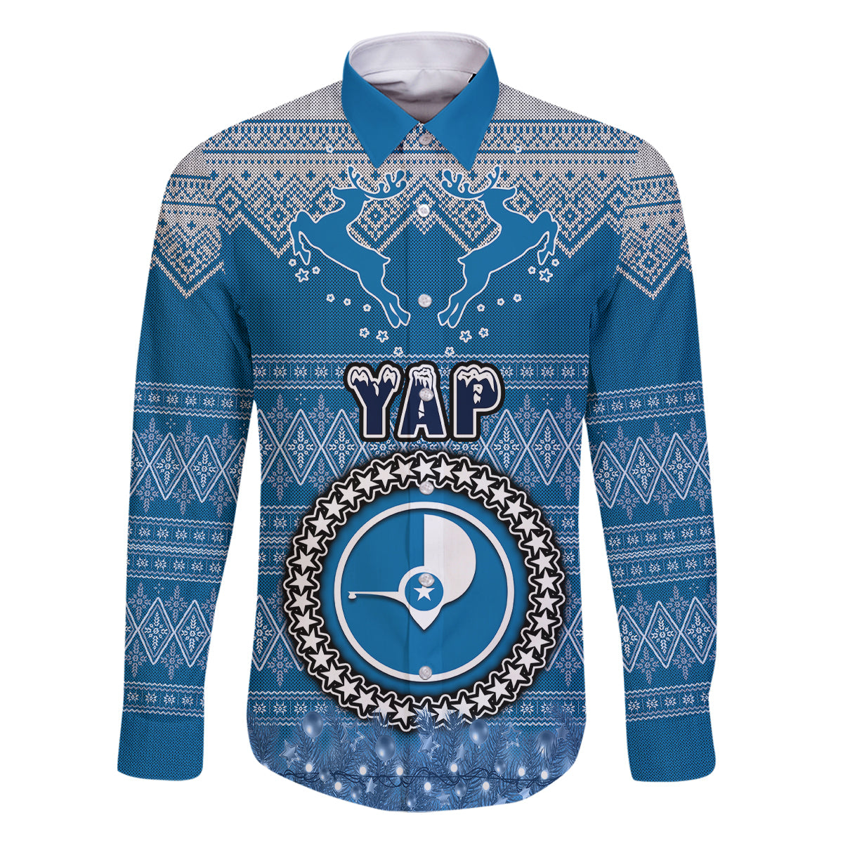 Personalised Yap Christmas Family Matching Mermaid Dress and Hawaiian Shirt Coat of Arms Beautiful Merry Xmas Snowflake LT03 Dad's Shirt - Long Sleeve Blue - Polynesian Pride