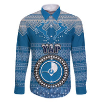 Personalised Yap Christmas Family Matching Mermaid Dress and Hawaiian Shirt Coat of Arms Beautiful Merry Xmas Snowflake LT03 Dad's Shirt - Long Sleeve Blue - Polynesian Pride