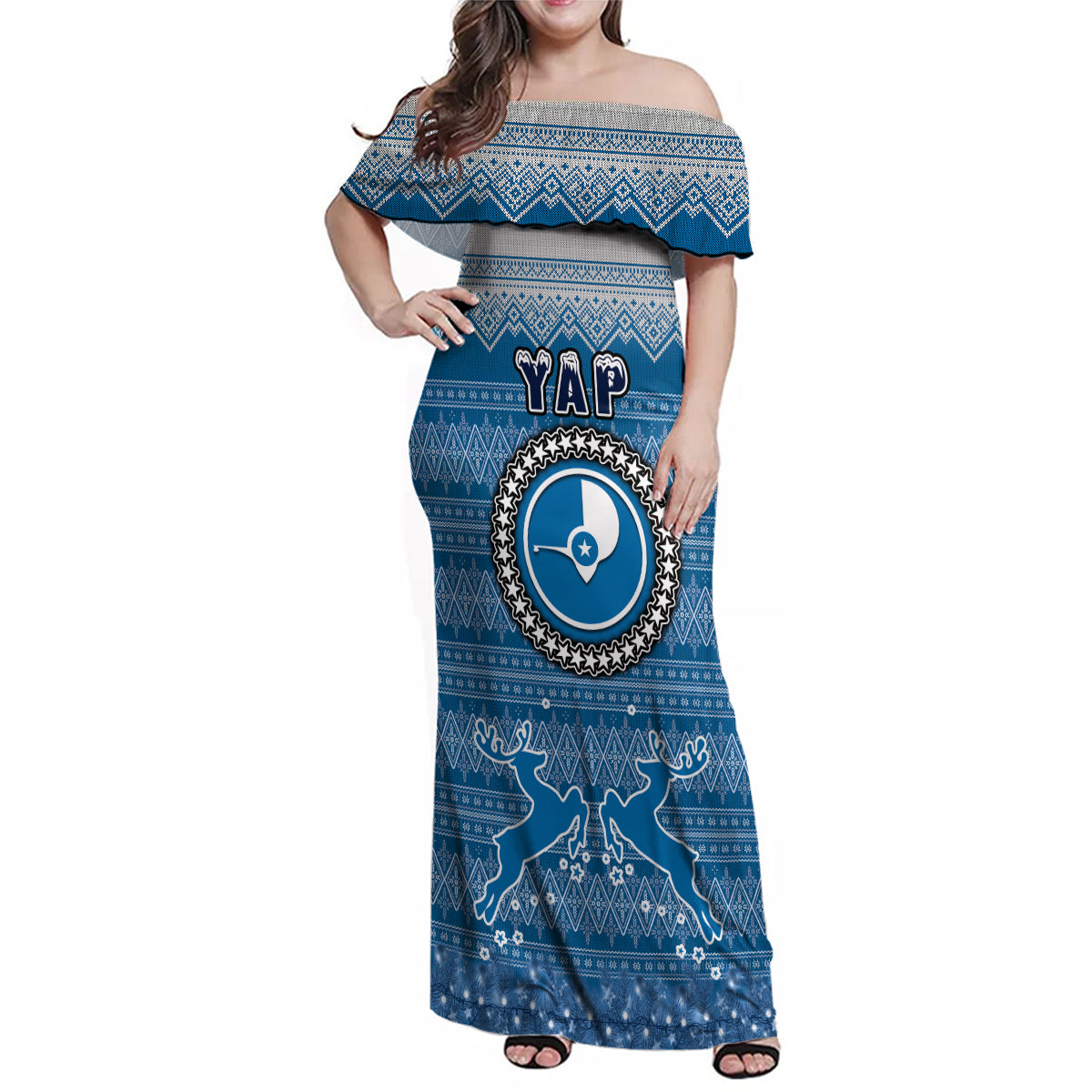 personalised-yap-christmas-family-matching-off-shoulder-maxi-dress-and-hawaiian-shirt-coat-of-arms-beautiful-merry-xmas-snowflake