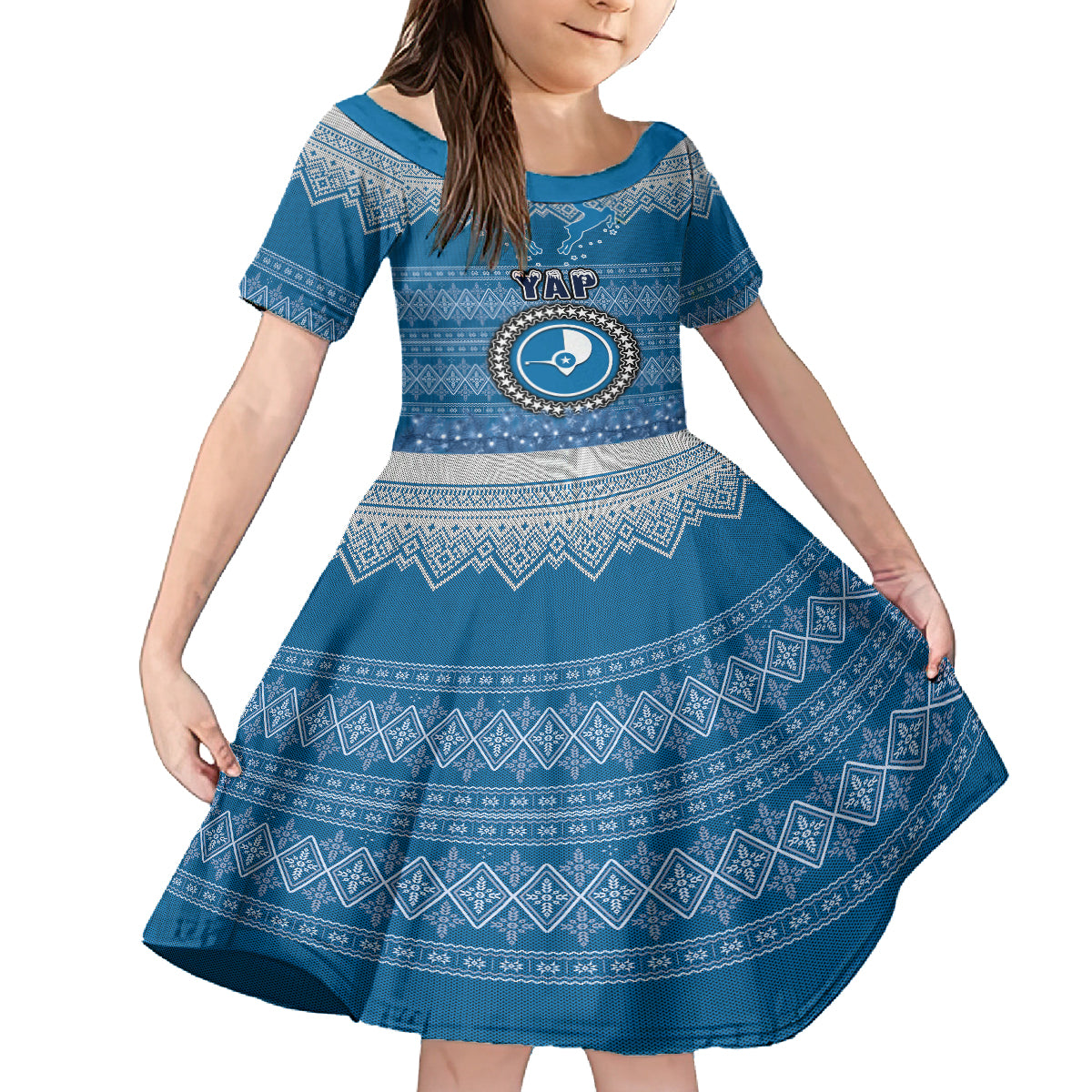 Personalised Yap Christmas Family Matching Off Shoulder Short Dress and Hawaiian Shirt Coat of Arms Beautiful Merry Xmas Snowflake LT03 Daughter's Dress Blue - Polynesian Pride