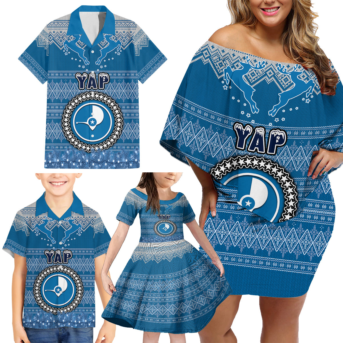 Personalised Yap Christmas Family Matching Off Shoulder Short Dress and Hawaiian Shirt Coat of Arms Beautiful Merry Xmas Snowflake LT03 - Polynesian Pride