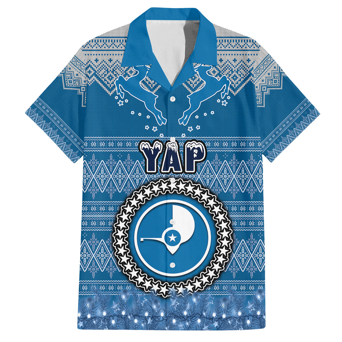 Personalised Yap Christmas Family Matching Off Shoulder Short Dress and Hawaiian Shirt Coat of Arms Beautiful Merry Xmas Snowflake LT03 Dad's Shirt - Short Sleeve Blue - Polynesian Pride