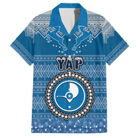 Personalised Yap Christmas Family Matching Off Shoulder Short Dress and Hawaiian Shirt Coat of Arms Beautiful Merry Xmas Snowflake LT03 Dad's Shirt - Short Sleeve Blue - Polynesian Pride