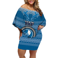 Personalised Yap Christmas Family Matching Off Shoulder Short Dress and Hawaiian Shirt Coat of Arms Beautiful Merry Xmas Snowflake LT03 Mom's Dress Blue - Polynesian Pride