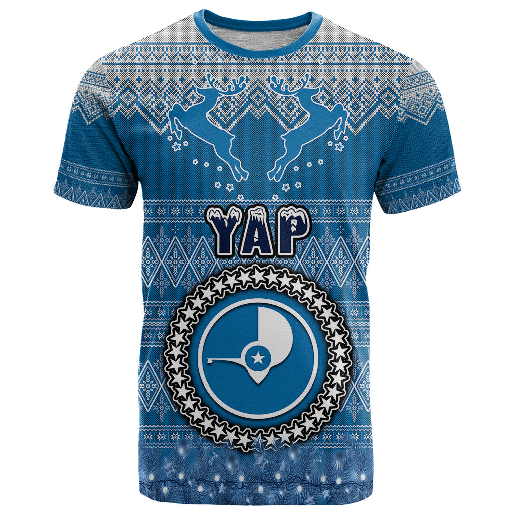 Personalised Yap Christmas T Shirt Coat of Arms Beautiful Merry Xmas Snowflake LT03 Blue - Polynesian Pride