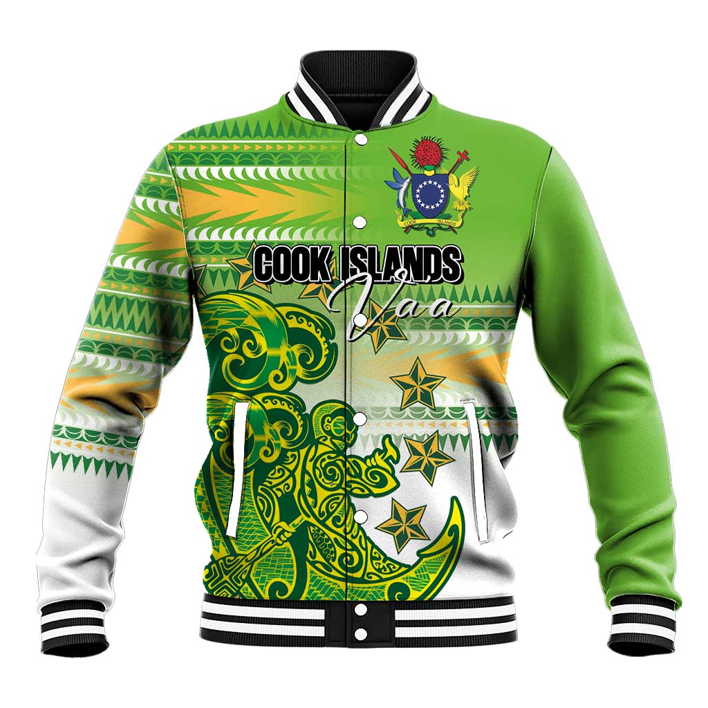 Personalised Cook Islands Va'a Race Baseball Jacket Te Tatau Tattoos Sporty Style Green-White Color - Polynesian Pride
