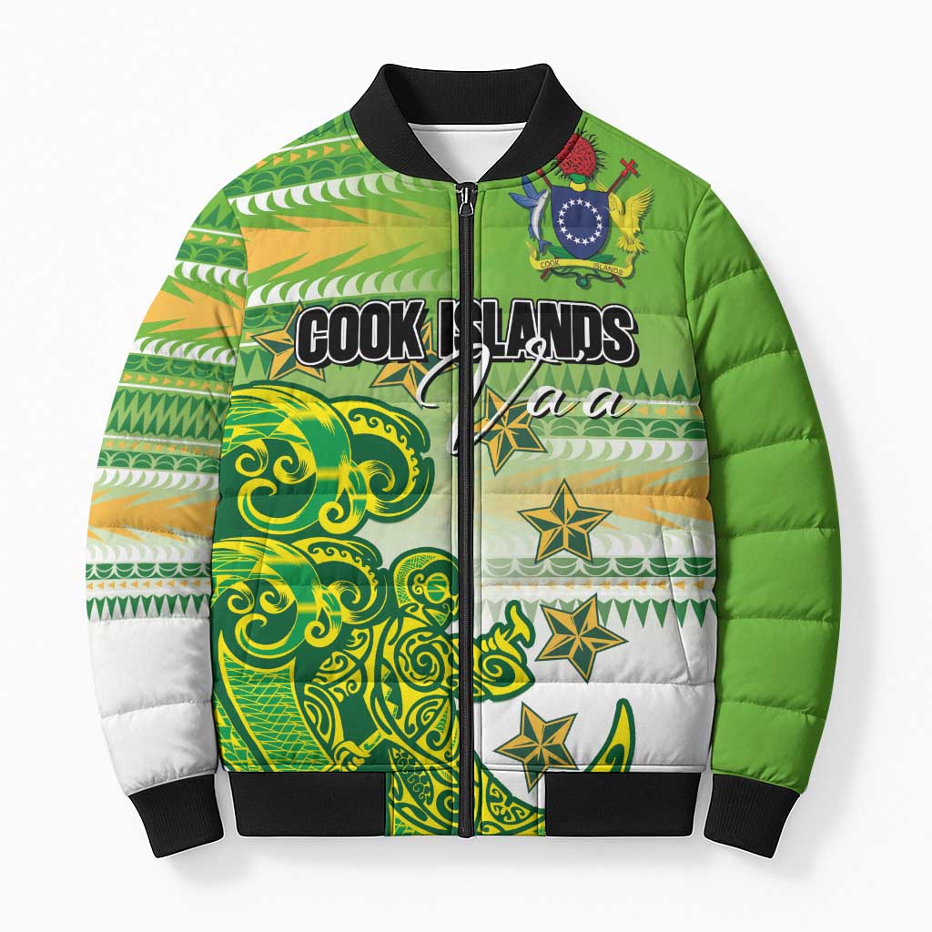 Personalised Cook Islands Va'a Race Bomber Puffer Jacket Te Tatau Tattoos Sporty Style Green-White Color - Polynesian Pride