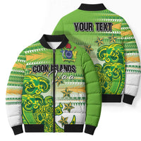 Personalised Cook Islands Va'a Race Bomber Puffer Jacket Te Tatau Tattoos Sporty Style Green-White Color - Polynesian Pride