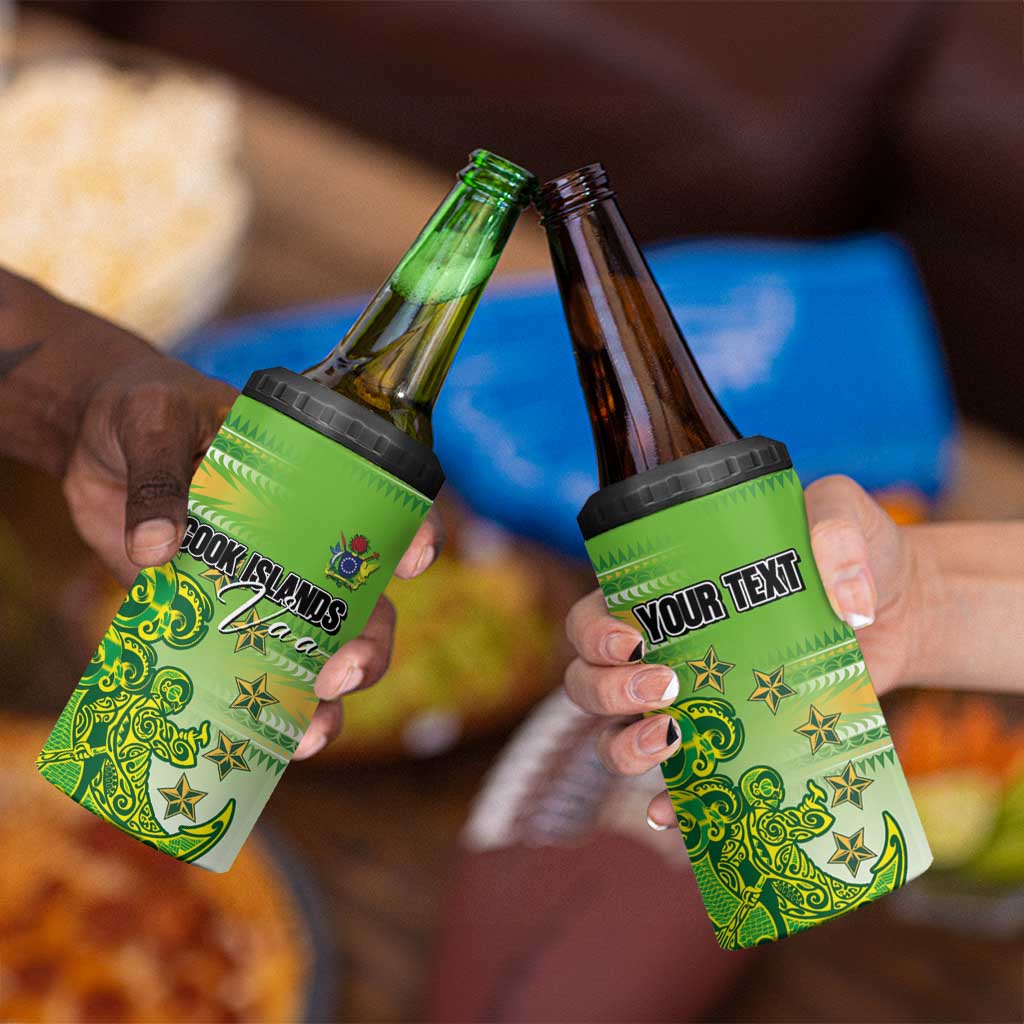 Personalised Cook Islands Va'a Race 4 in 1 Can Cooler Tumbler Te Tatau Tattoos Sporty Style Green-White Color - Polynesian Pride