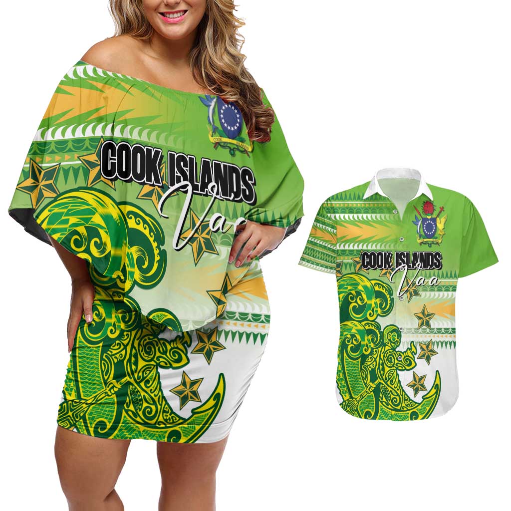 Personalised Cook Islands Va'a Race Couples Matching Off Shoulder Short Dress and Hawaiian Shirt Te Tatau Tattoos Sporty Style Green-White Color - Polynesian Pride