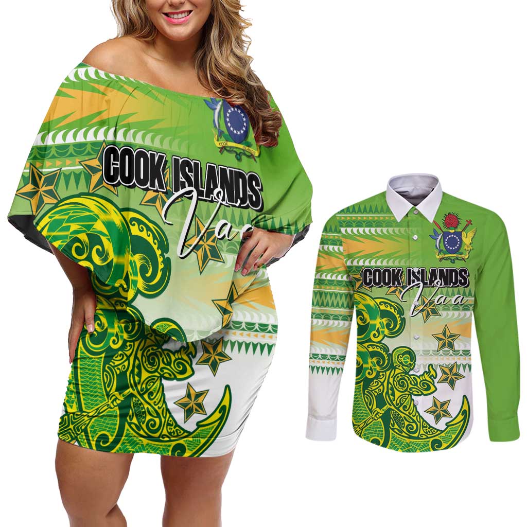 Personalised Cook Islands Va'a Race Couples Matching Off Shoulder Short Dress and Long Sleeve Button Shirt Te Tatau Tattoos Sporty Style Green-White Color - Polynesian Pride
