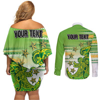 Personalised Cook Islands Va'a Race Couples Matching Off Shoulder Short Dress and Long Sleeve Button Shirt Te Tatau Tattoos Sporty Style Green-White Color - Polynesian Pride