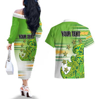 Personalised Cook Islands Va'a Race Couples Matching Off The Shoulder Long Sleeve Dress and Hawaiian Shirt Te Tatau Tattoos Sporty Style Green-White Color - Polynesian Pride
