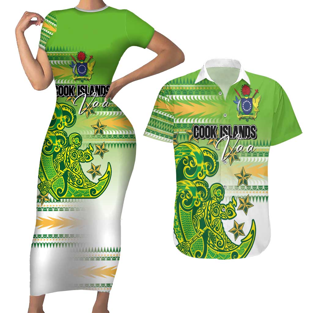 Personalised Cook Islands Va'a Race Couples Matching Short Sleeve Bodycon Dress and Hawaiian Shirt Te Tatau Tattoos Sporty Style Green-White Color - Polynesian Pride