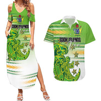 Personalised Cook Islands Va'a Race Couples Matching Summer Maxi Dress and Hawaiian Shirt Te Tatau Tattoos Sporty Style Green-White Color - Polynesian Pride
