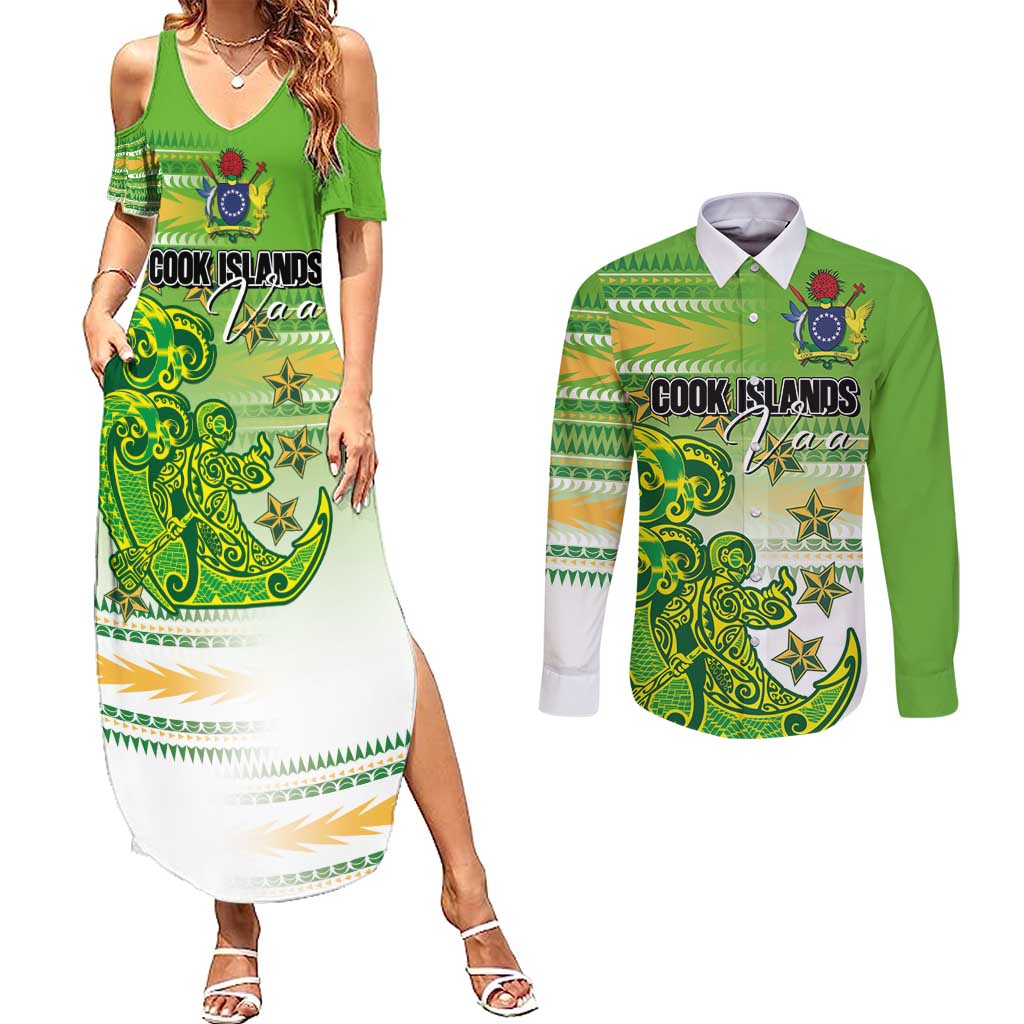 Personalised Cook Islands Va'a Race Couples Matching Summer Maxi Dress and Long Sleeve Button Shirt Te Tatau Tattoos Sporty Style Green-White Color - Polynesian Pride