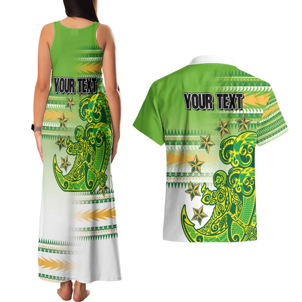 Personalised Cook Islands Va'a Race Couples Matching Tank Maxi Dress and Hawaiian Shirt Te Tatau Tattoos Sporty Style Green-White Color - Polynesian Pride