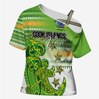Personalised Cook Islands Va'a Race Cross Shoulder Shirt Te Tatau Tattoos Sporty Style Green-White Color - Polynesian Pride