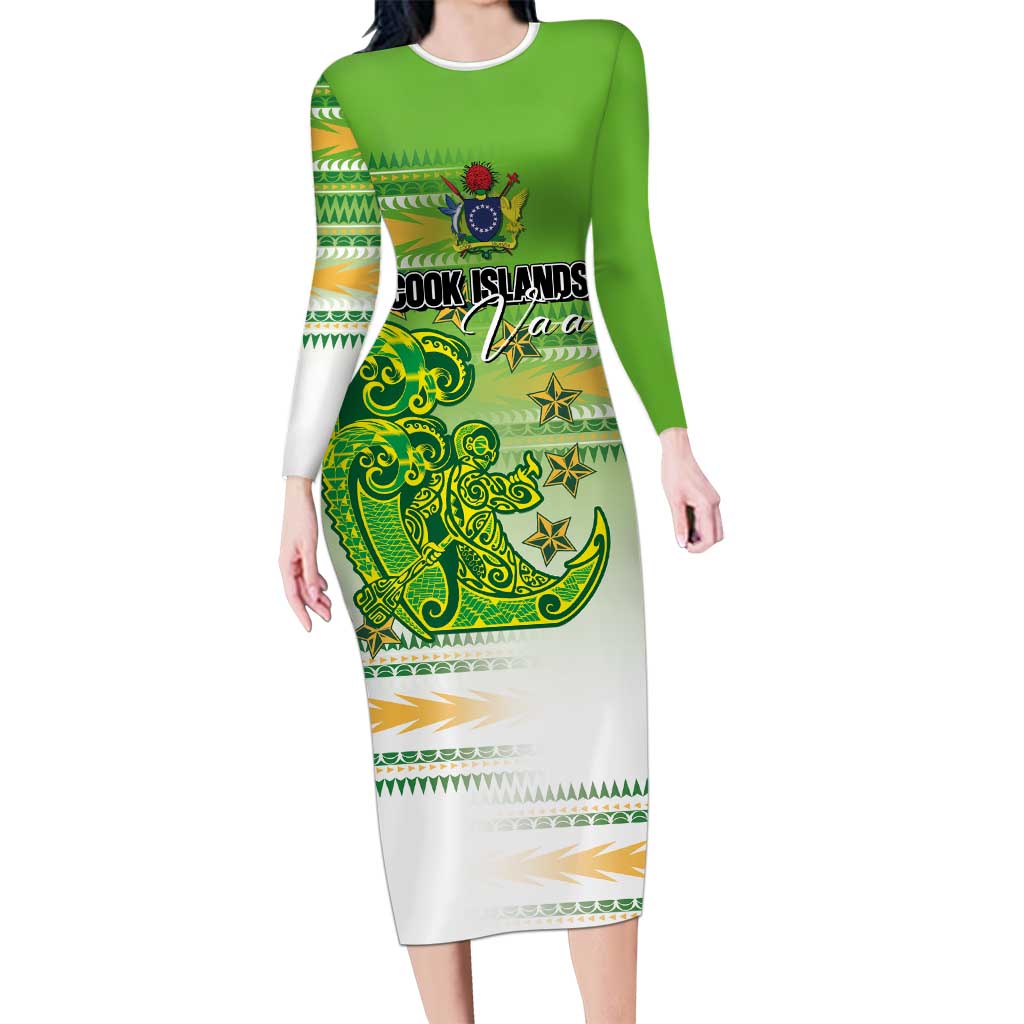 Personalised Cook Islands Va'a Race Family Matching Long Sleeve Bodycon Dress and Hawaiian Shirt Te Tatau Tattoos Sporty Style Green-White Color - Polynesian Pride