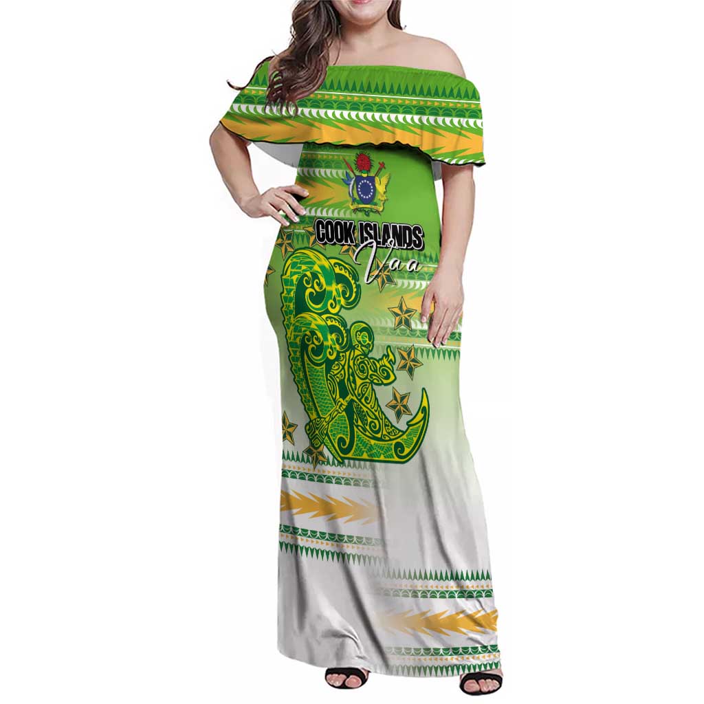 Personalised Cook Islands Va'a Race Family Matching Off Shoulder Maxi Dress and Hawaiian Shirt Te Tatau Tattoos Sporty Style Green-White Color - Polynesian Pride
