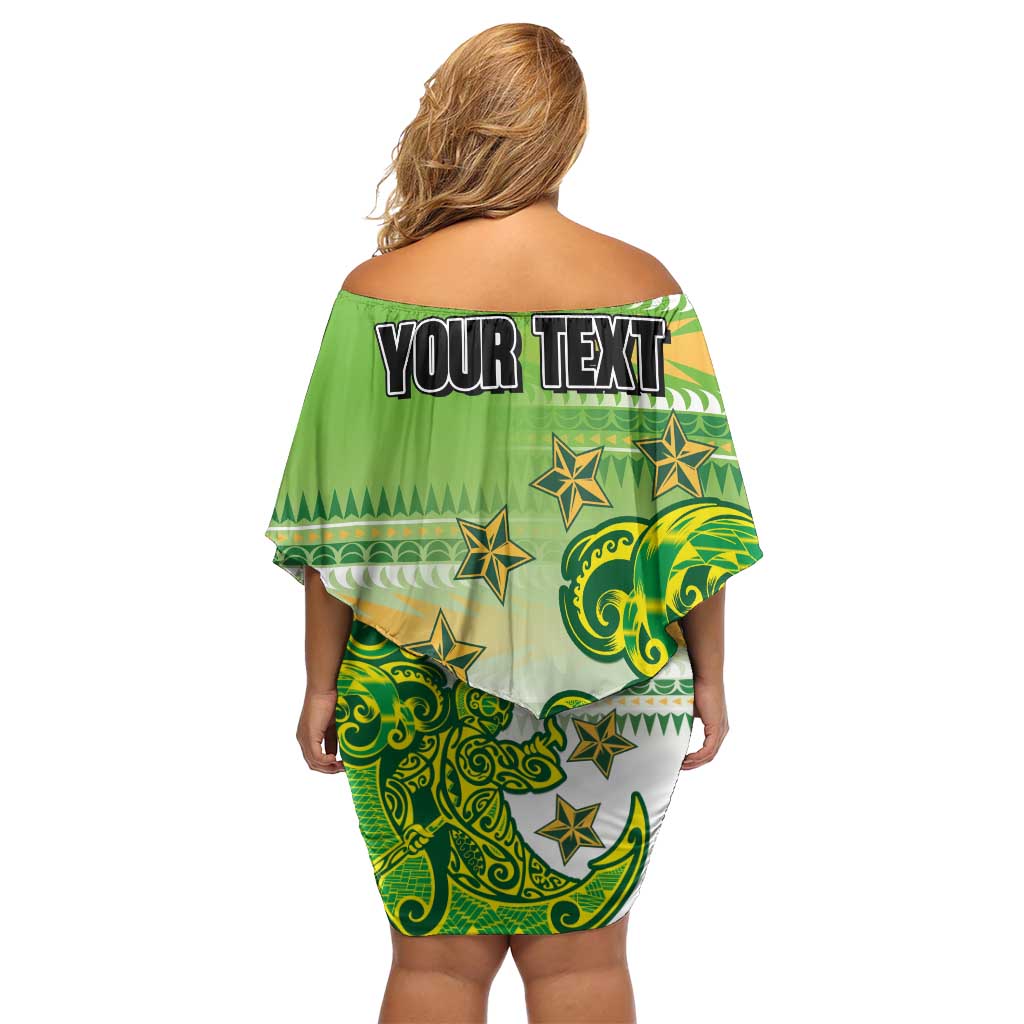 Personalised Cook Islands Va'a Race Family Matching Off Shoulder Short Dress and Hawaiian Shirt Te Tatau Tattoos Sporty Style Green-White Color - Polynesian Pride
