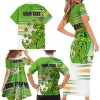 Personalised Cook Islands Va'a Race Family Matching Short Sleeve Bodycon Dress and Hawaiian Shirt Te Tatau Tattoos Sporty Style Green-White Color - Polynesian Pride