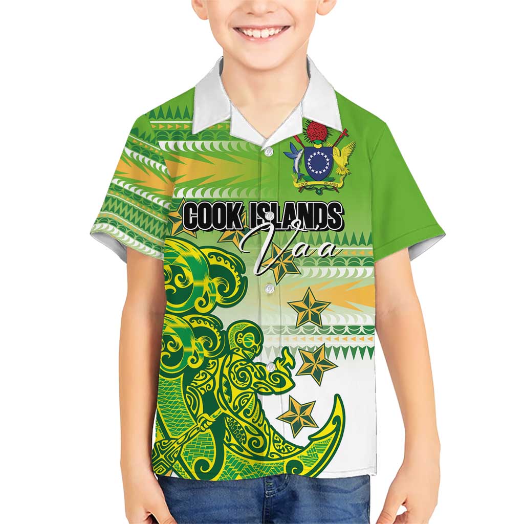 Personalised Cook Islands Va'a Race Family Matching Short Sleeve Bodycon Dress and Hawaiian Shirt Te Tatau Tattoos Sporty Style Green-White Color - Polynesian Pride
