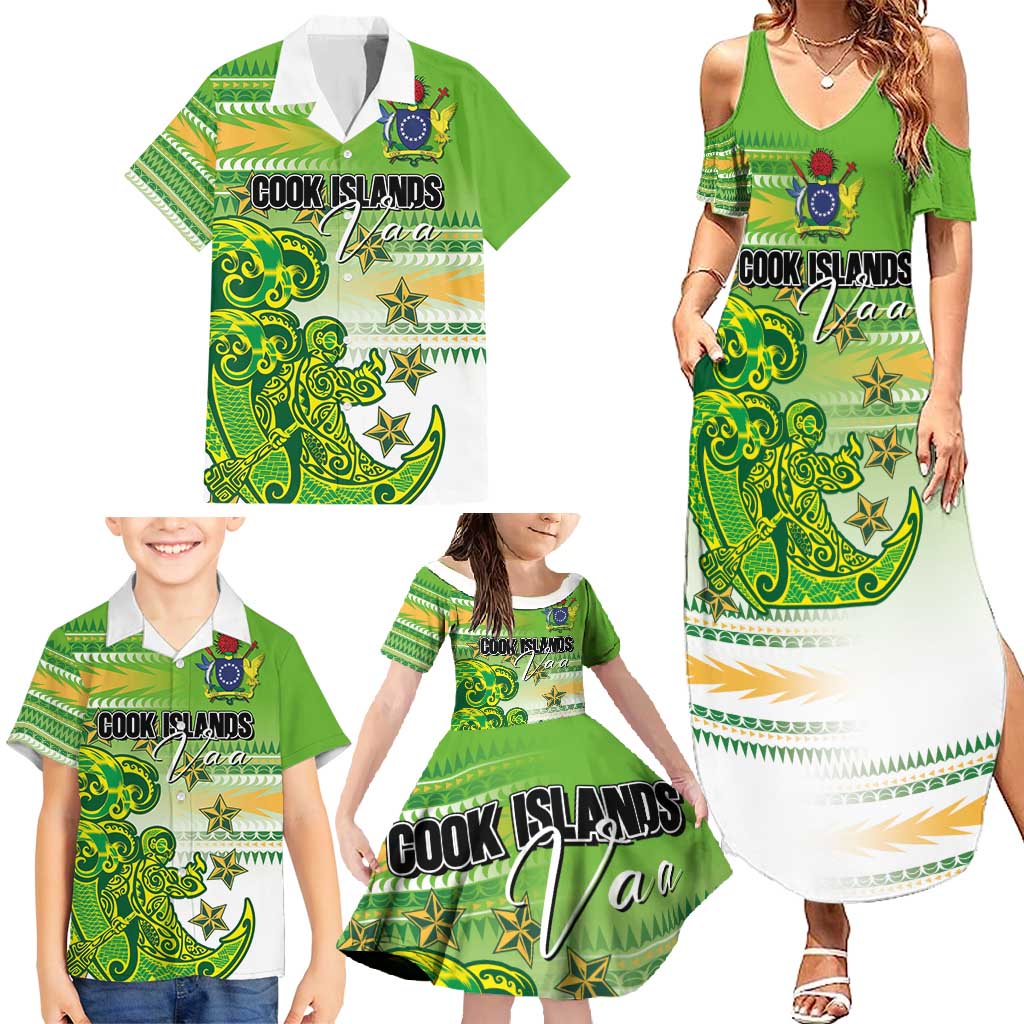 Personalised Cook Islands Va'a Race Family Matching Summer Maxi Dress and Hawaiian Shirt Te Tatau Tattoos Sporty Style Green-White Color - Polynesian Pride