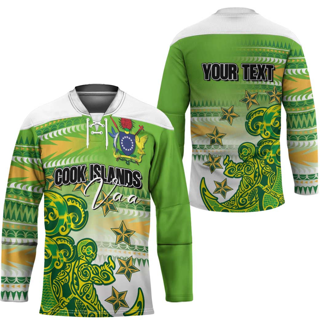 Personalised Cook Islands Va'a Race Hockey Jersey Te Tatau Tattoos Sporty Style Green-White Color - Polynesian Pride