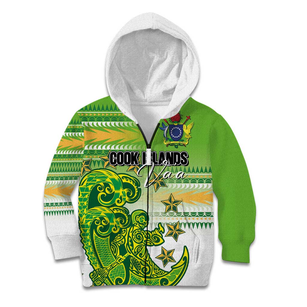 Personalised Cook Islands Va'a Race Kid Hoodie Te Tatau Tattoos Sporty Style Green-White Color - Polynesian Pride