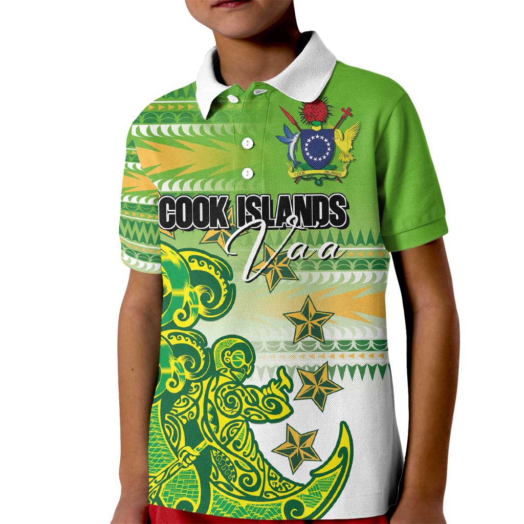 Personalised Cook Islands Va'a Race Kid Polo Shirt Te Tatau Tattoos Sporty Style Green-White Color - Polynesian Pride