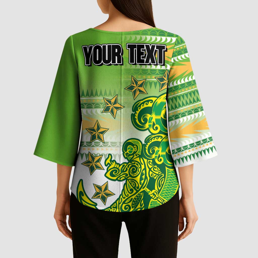 Personalised Cook Islands Va'a Race Kimono Sleeve Blouse Te Tatau Tattoos Sporty Style Green-White Color - Polynesian Pride