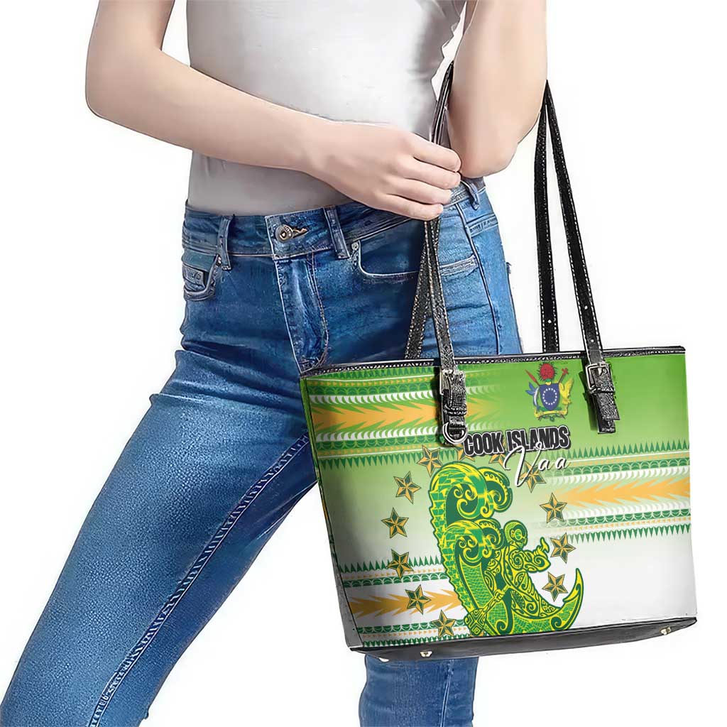 Cook Islands Va'a Race Leather Tote Bag Te Tatau Tattoos Sporty Style Green-White Color - Polynesian Pride