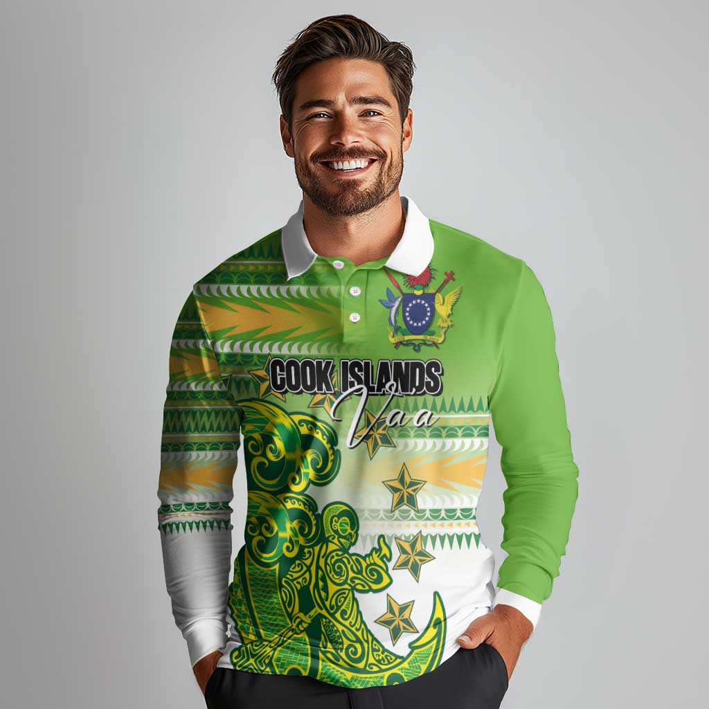 Personalised Cook Islands Va'a Race Long Sleeve Polo Shirt Te Tatau Tattoos Sporty Style Green-White Color - Polynesian Pride