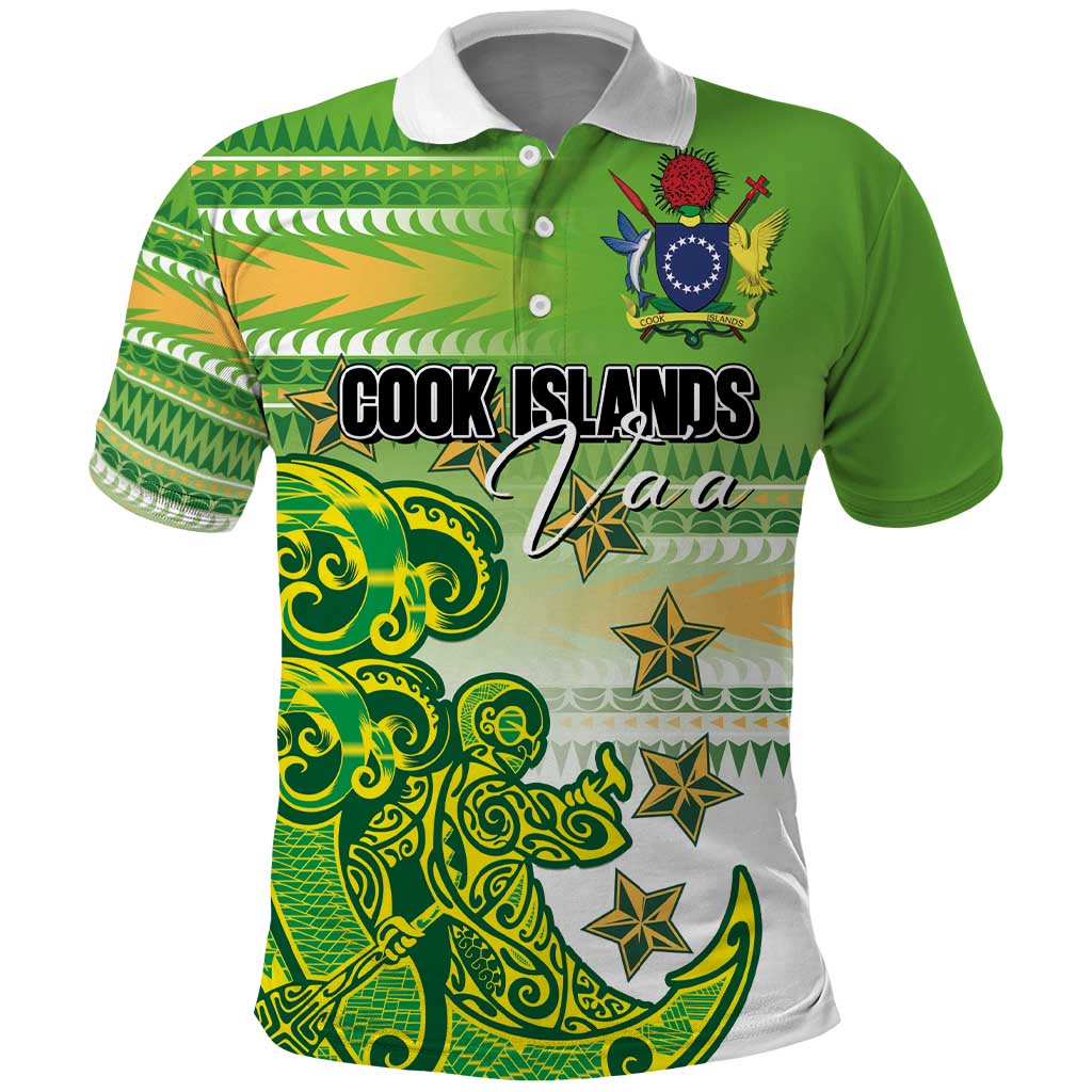 Personalised Cook Islands Va'a Race Polo Shirt Te Tatau Tattoos Sporty Style Green-White Color - Polynesian Pride