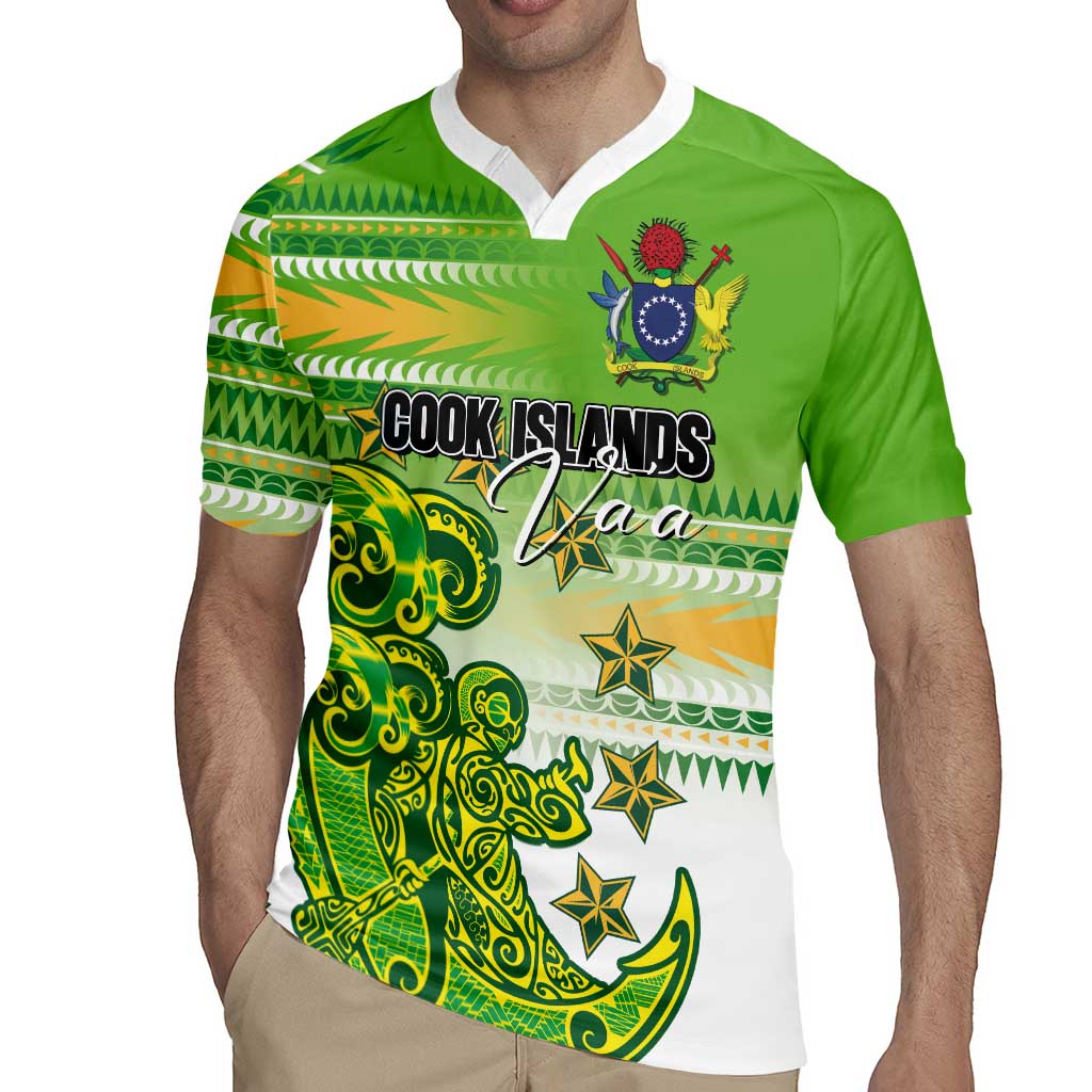 Personalised Cook Islands Va'a Race Rugby Jersey Te Tatau Tattoos Sporty Style Green-White Color - Polynesian Pride