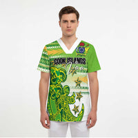 Personalised Cook Islands Va'a Race Scrub Top Te Tatau Tattoos Sporty Style Green-White Color - Polynesian Pride
