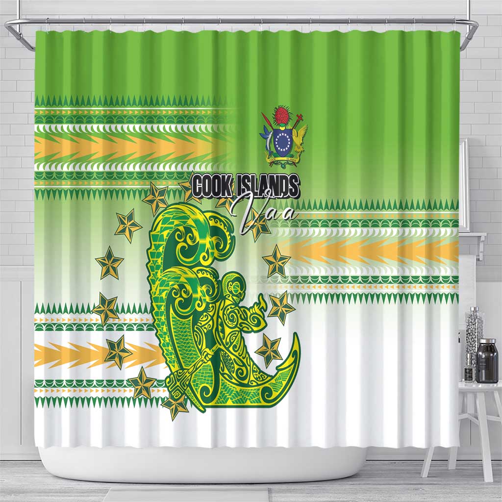Cook Islands Va'a Race Shower Curtain Te Tatau Tattoos Sporty Style Green-White Color - Polynesian Pride