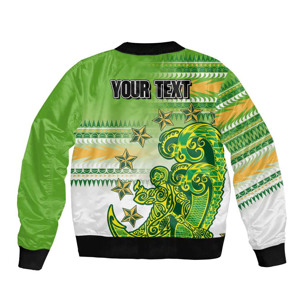 Personalised Cook Islands Va'a Race Sleeve Zip Bomber Jacket Te Tatau Tattoos Sporty Style Green-White Color - Polynesian Pride